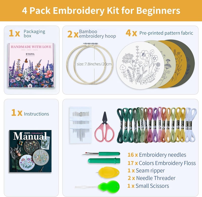 ETSPIL Embroidery Kit for Adults & Teens, 4-Pack Floral Samplers, 2 Adjustable Hoops, Pre-Printed Fabric, 17 Vibrant Threads, 16 Needles, Beginner-Friendly Stitch Guide & Video, DIY Craft Gift - Image 2
